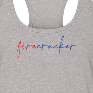 Firecracker Women's Racerback Tank Top, Red White and Blue Script Patriotic Fourth of July Design