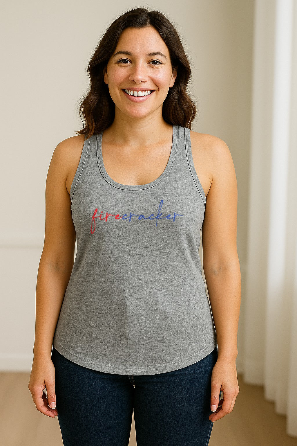 Firecracker Women's Racerback Tank Top, Red White and Blue Script Patriotic Fourth of July Design