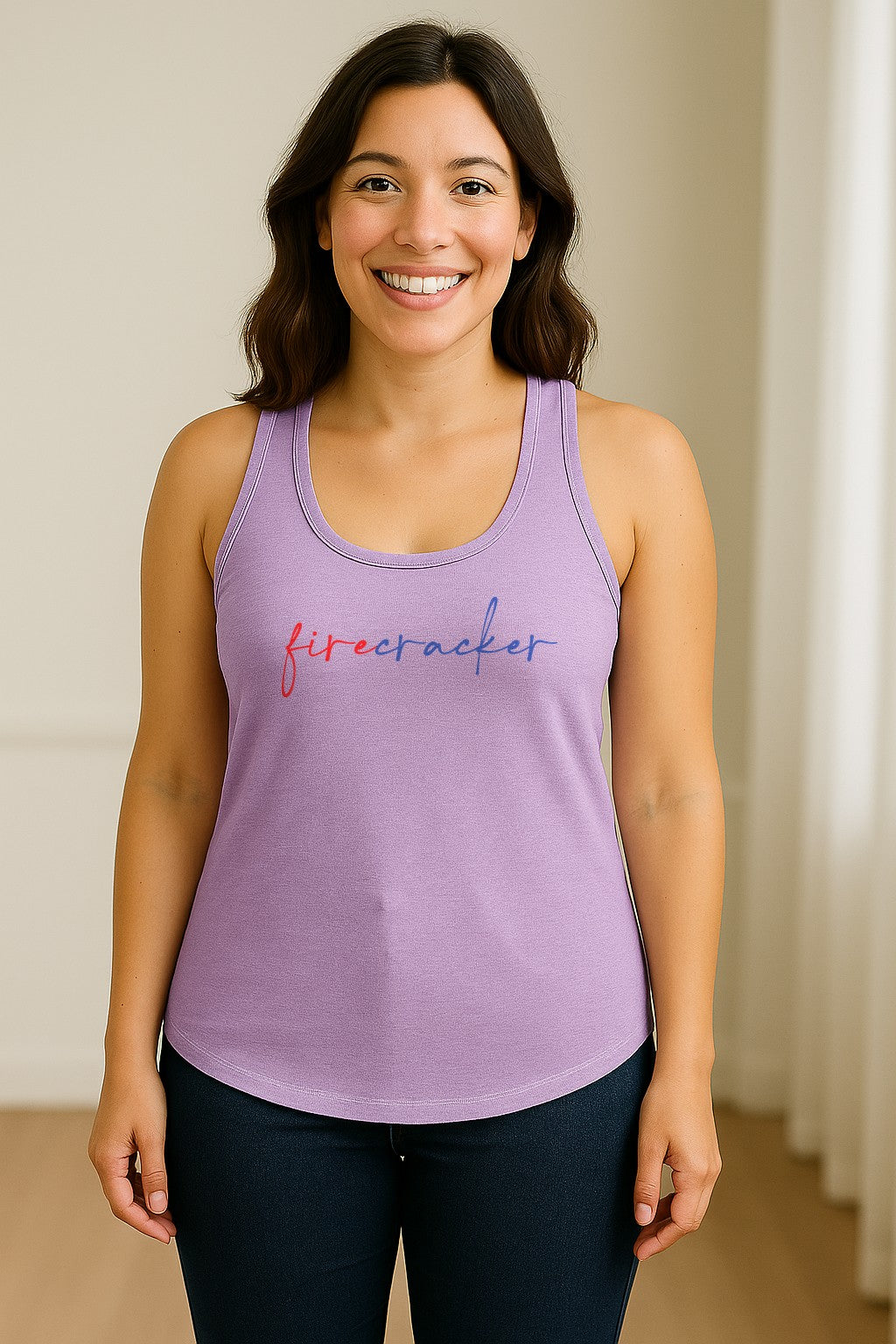Firecracker Women's Racerback Tank Top, Red White and Blue Script Patriotic Fourth of July Design