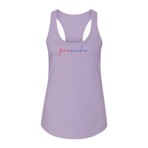 Firecracker Women's Racerback Tank Top, Red White and Blue Script Patriotic Fourth of July Design