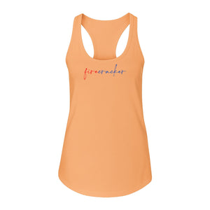 Firecracker Women's Racerback Tank Top, Red White and Blue Script Patriotic Fourth of July Design