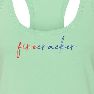 Firecracker Women's Racerback Tank Top, Red White and Blue Script Patriotic Fourth of July Design