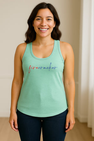 Firecracker Women's Racerback Tank Top, Red White and Blue Script Patriotic Fourth of July Design