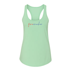 Firecracker Women's Racerback Tank Top, Red White and Blue Script Patriotic Fourth of July Design