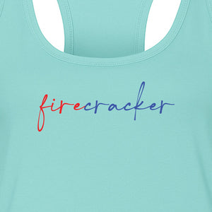 Firecracker Women's Racerback Tank Top, Red White and Blue Script Patriotic Fourth of July Design