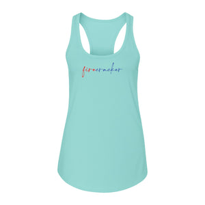 Firecracker Women's Racerback Tank Top, Red White and Blue Script Patriotic Fourth of July Design