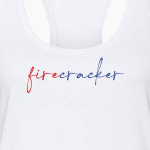 Firecracker Women's Racerback Tank Top, Red White and Blue Script Patriotic Fourth of July Design