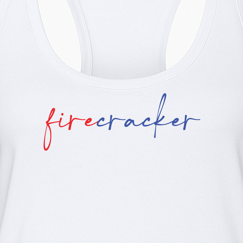 Firecracker Women's Racerback Tank Top, Red White and Blue Script Patriotic Fourth of July Design