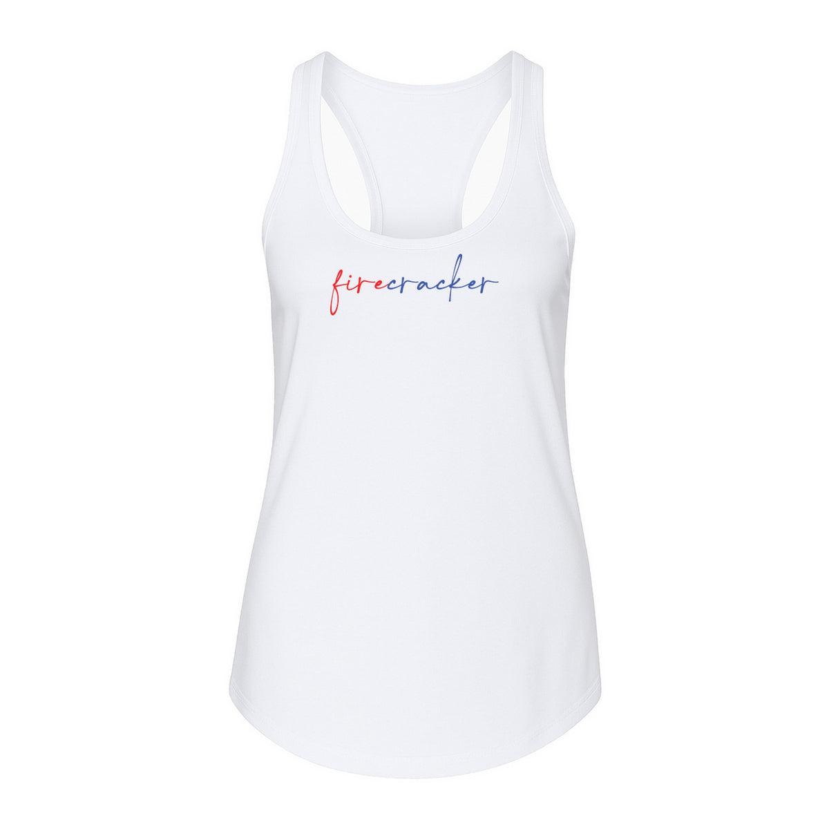 Firecracker Women's Racerback Tank Top, Red White and Blue Script Patriotic Fourth of July Design