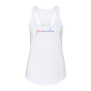 Firecracker Women's Racerback Tank Top, Red White and Blue Script Patriotic Fourth of July Design