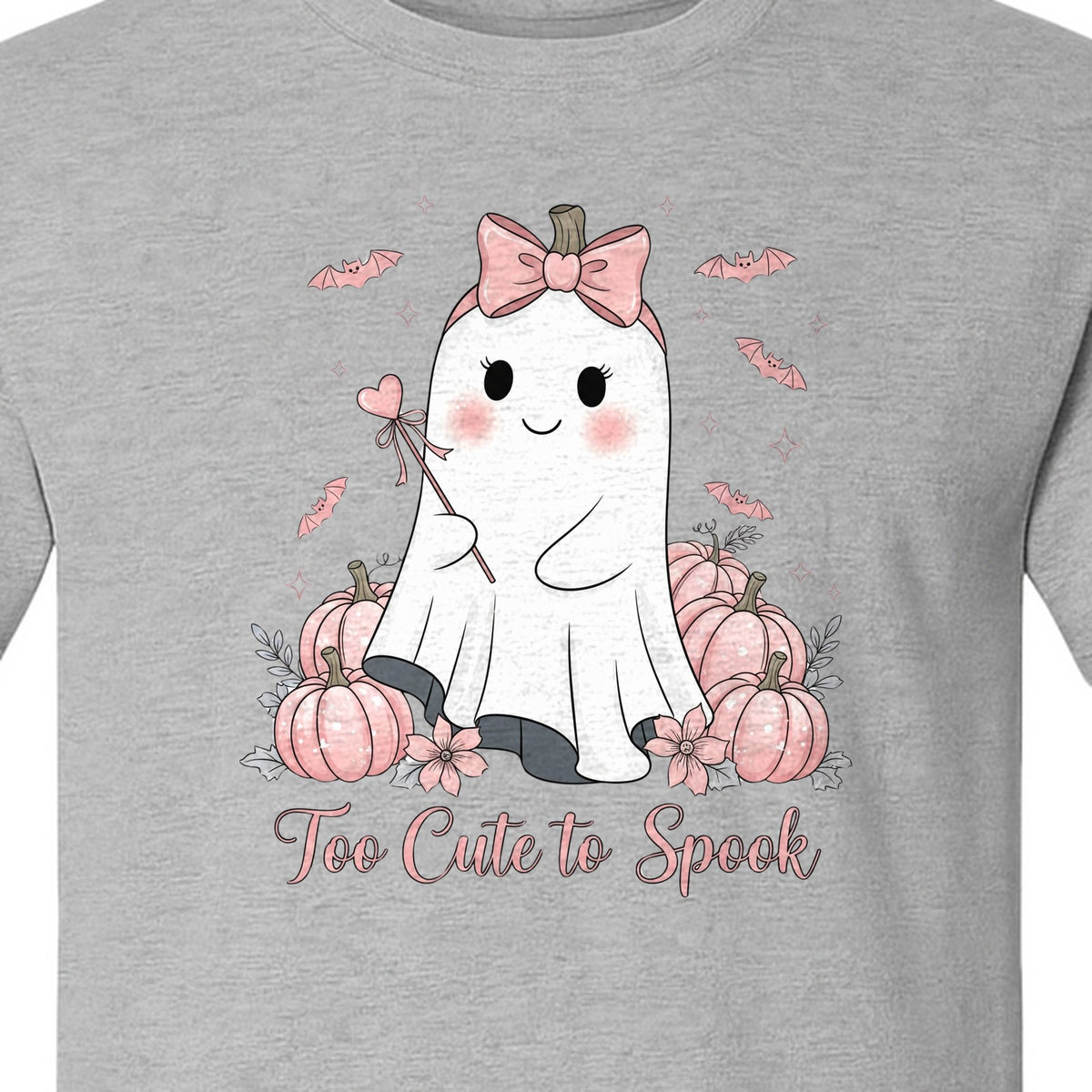 Halloween Ghost T-Shirt, Too Cute to Spook Pink Bow Pumpkin Design for Spooky Season
