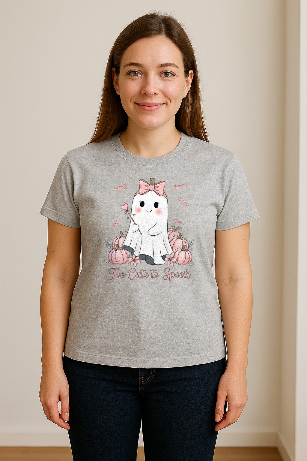 Halloween Ghost T-Shirt, Too Cute to Spook Pink Bow Pumpkin Design for Spooky Season