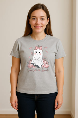 Halloween Ghost T-Shirt, Too Cute to Spook Pink Bow Pumpkin Design for Spooky Season