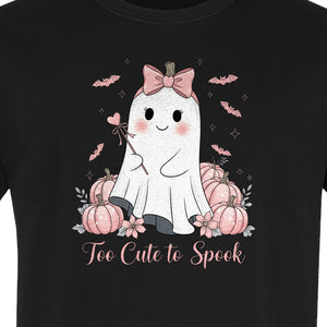 Halloween Ghost T-Shirt, Too Cute to Spook Pink Bow Pumpkin Design for Spooky Season