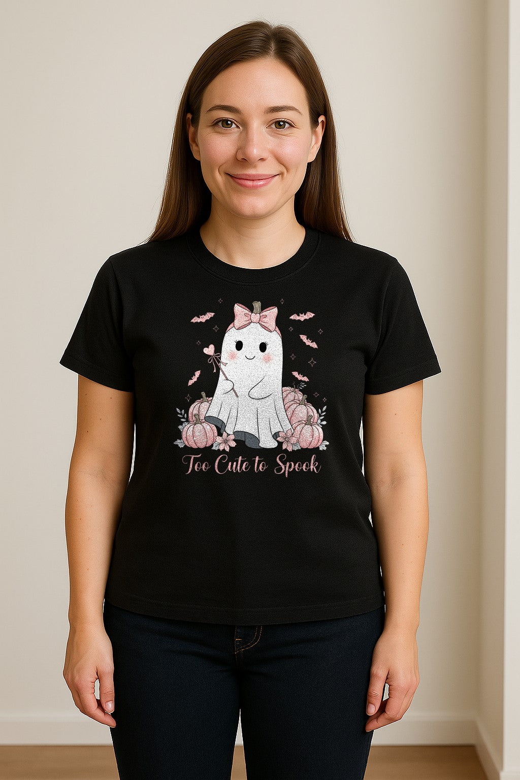 Halloween Ghost T-Shirt, Too Cute to Spook Pink Bow Pumpkin Design for Spooky Season