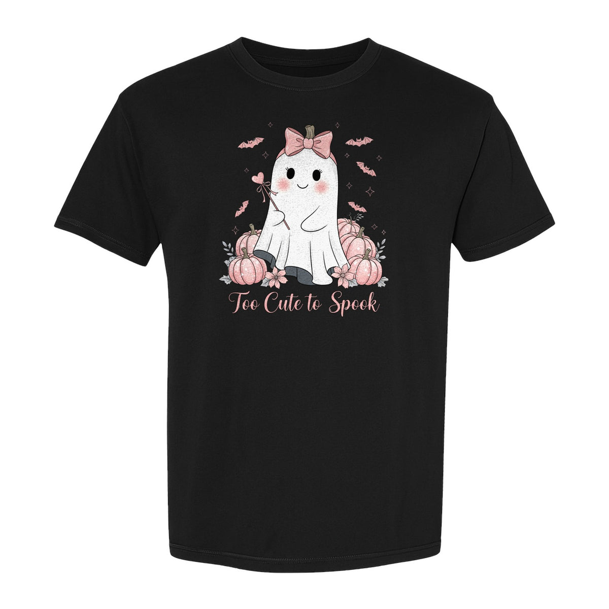 Halloween Ghost T-Shirt, Too Cute to Spook Pink Bow Pumpkin Design for Spooky Season