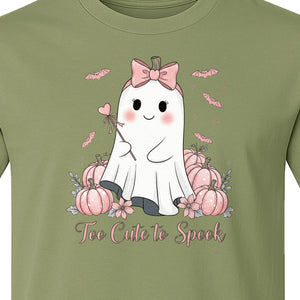 Halloween Ghost T-Shirt, Too Cute to Spook Pink Bow Pumpkin Design for Spooky Season