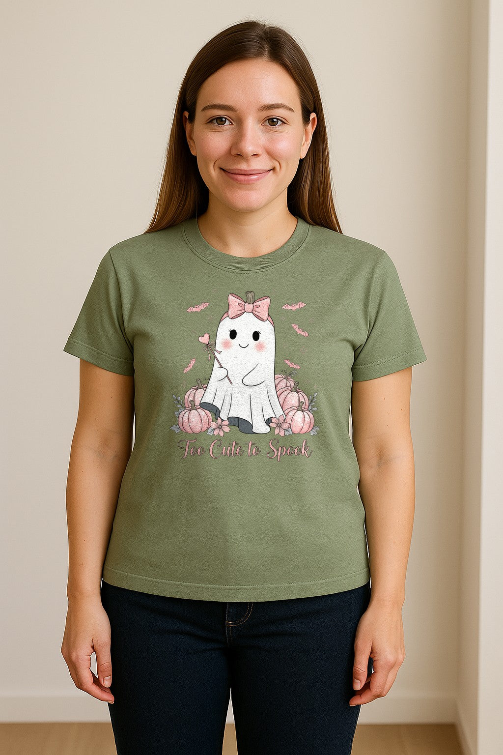 Halloween Ghost T-Shirt, Too Cute to Spook Pink Bow Pumpkin Design for Spooky Season