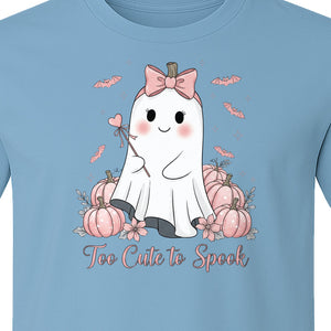 Halloween Ghost T-Shirt, Too Cute to Spook Pink Bow Pumpkin Design for Spooky Season