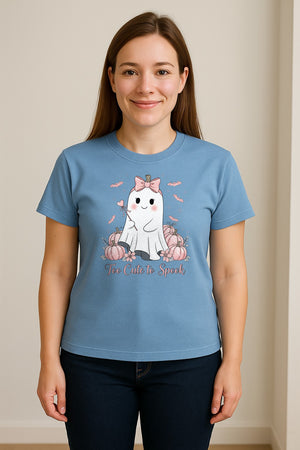 Halloween Ghost T-Shirt, Too Cute to Spook Pink Bow Pumpkin Design for Spooky Season