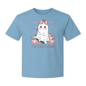Halloween Ghost T-Shirt, Too Cute to Spook Pink Bow Pumpkin Design for Spooky Season