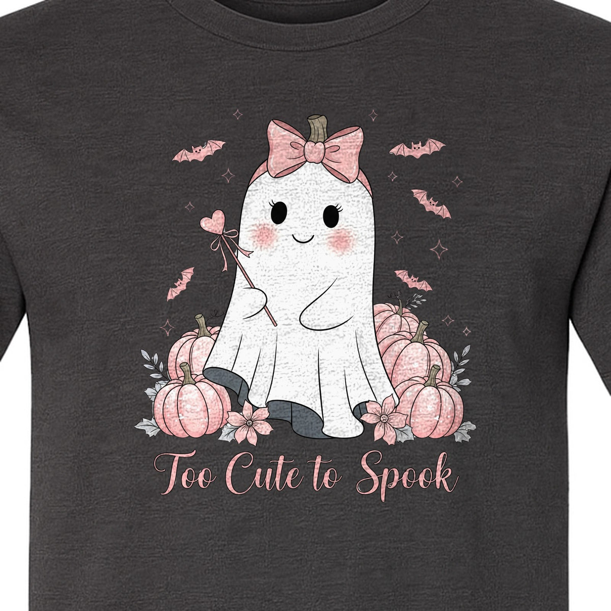 Halloween Ghost T-Shirt, Too Cute to Spook Pink Bow Pumpkin Design for Spooky Season