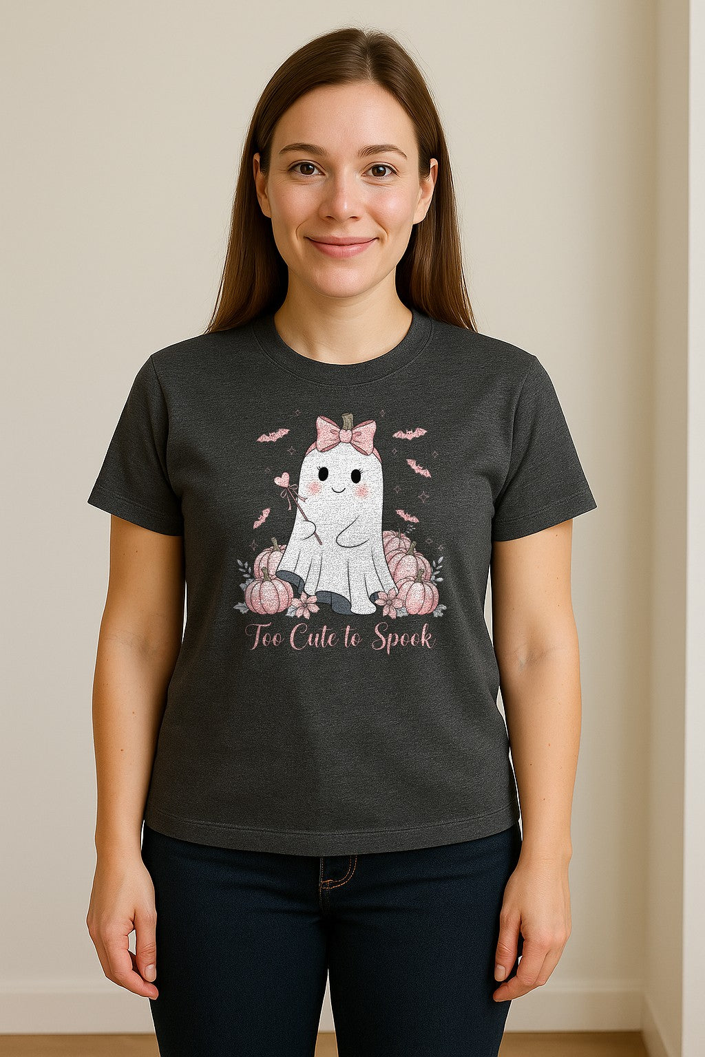 Halloween Ghost T-Shirt, Too Cute to Spook Pink Bow Pumpkin Design for Spooky Season