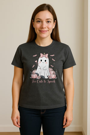 Halloween Ghost T-Shirt, Too Cute to Spook Pink Bow Pumpkin Design for Spooky Season