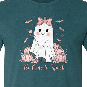 Halloween Ghost T-Shirt, Too Cute to Spook Pink Bow Pumpkin Design for Spooky Season