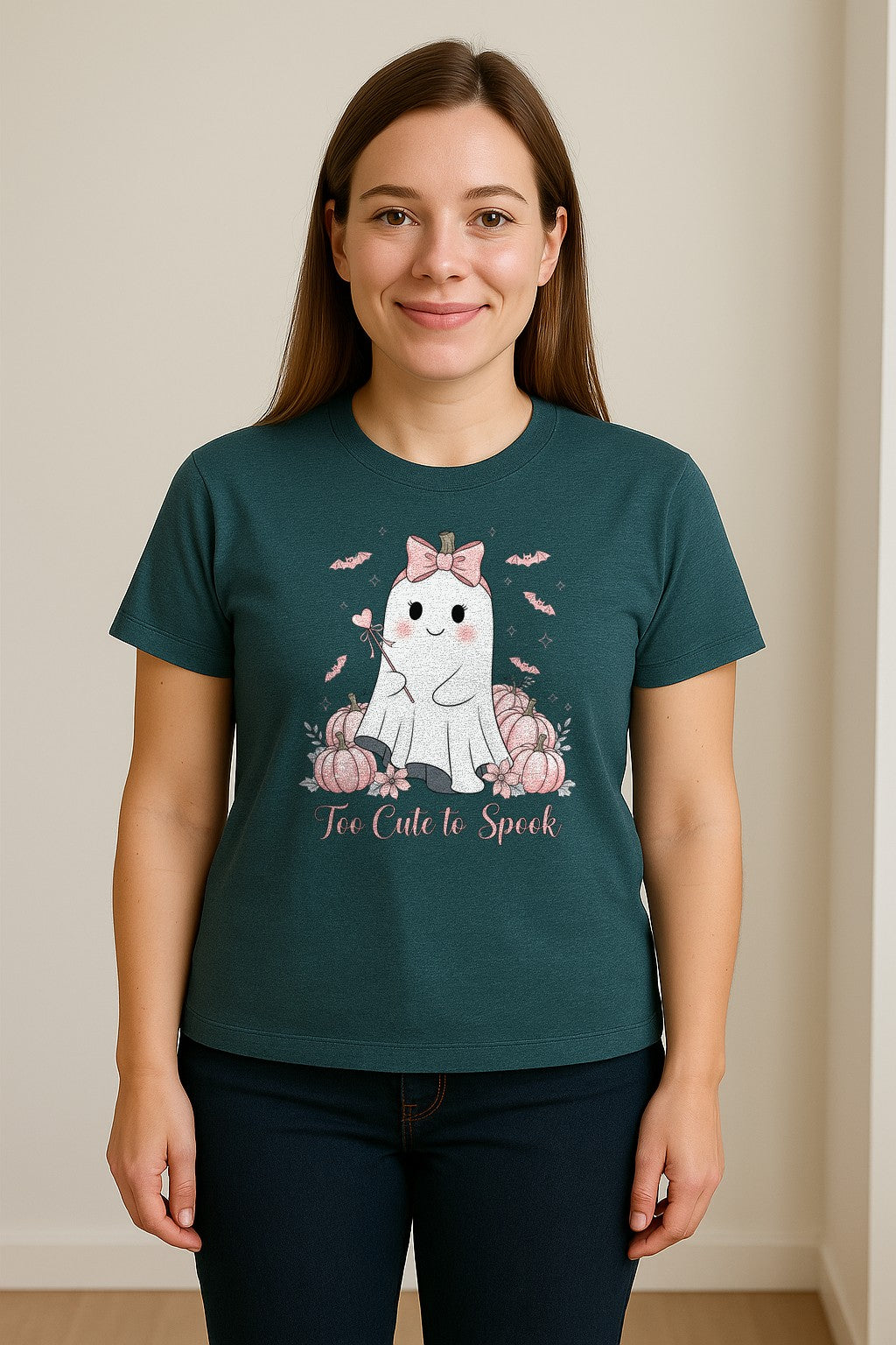 Halloween Ghost T-Shirt, Too Cute to Spook Pink Bow Pumpkin Design for Spooky Season