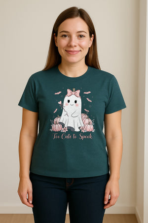 Halloween Ghost T-Shirt, Too Cute to Spook Pink Bow Pumpkin Design for Spooky Season