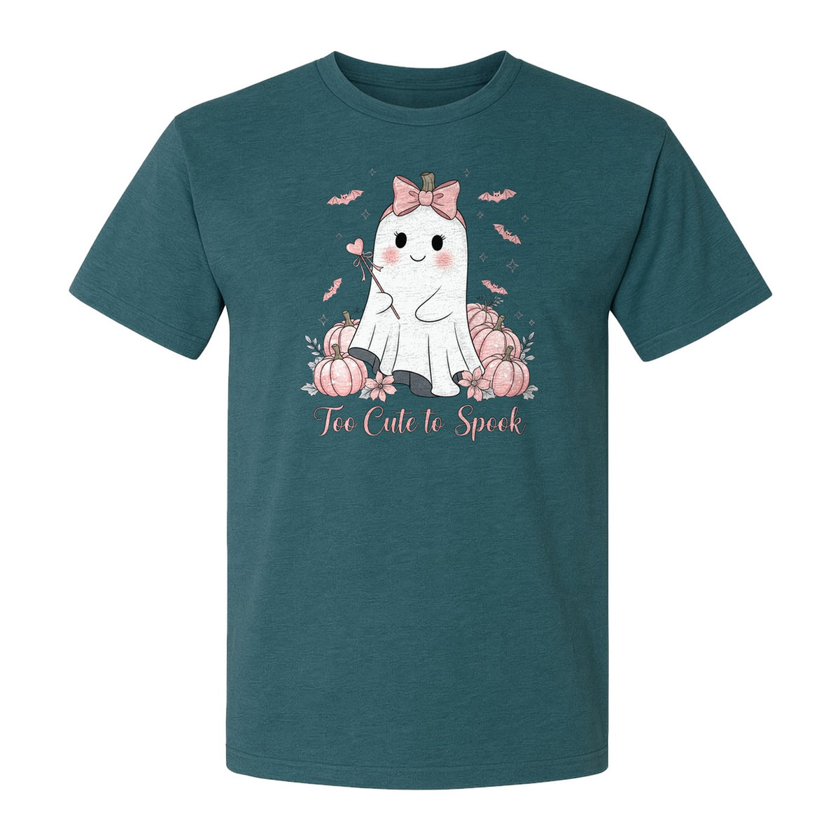 Halloween Ghost T-Shirt, Too Cute to Spook Pink Bow Pumpkin Design for Spooky Season