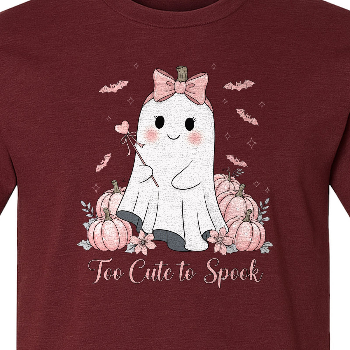 Halloween Ghost T-Shirt, Too Cute to Spook Pink Bow Pumpkin Design for Spooky Season