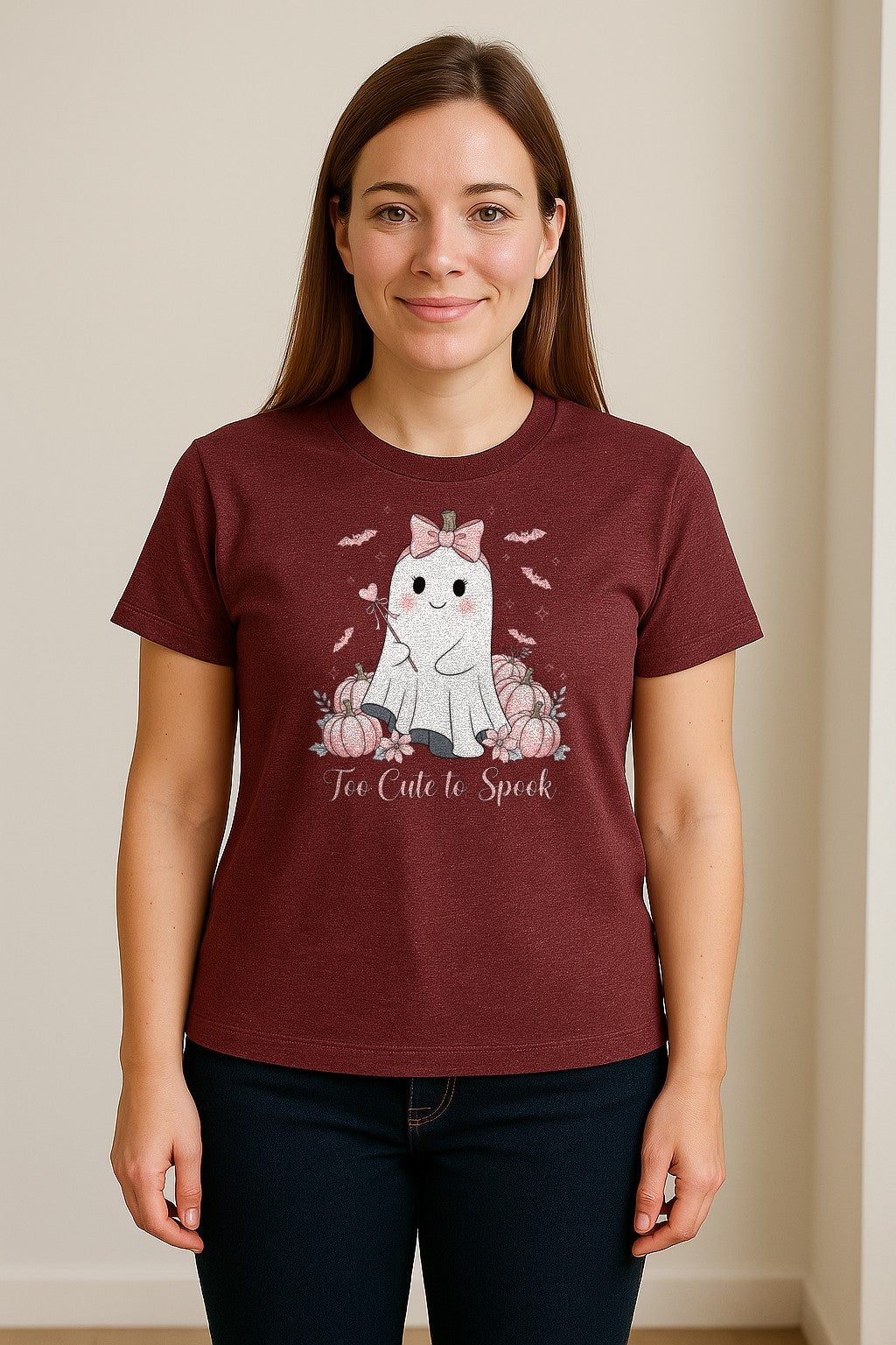 Halloween Ghost T-Shirt, Too Cute to Spook Pink Bow Pumpkin Design for Spooky Season