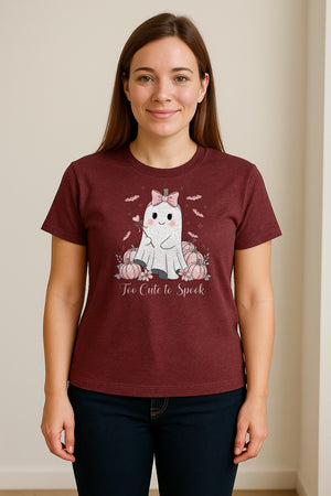 Halloween Ghost T-Shirt, Too Cute to Spook Pink Bow Pumpkin Design for Spooky Season
