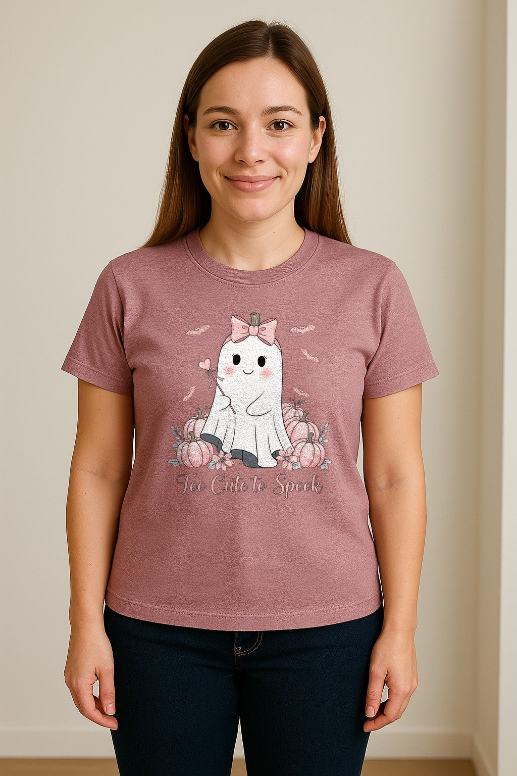 Halloween Ghost T-Shirt, Too Cute to Spook Pink Bow Pumpkin Design for Spooky Season