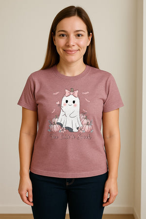 Halloween Ghost T-Shirt, Too Cute to Spook Pink Bow Pumpkin Design for Spooky Season