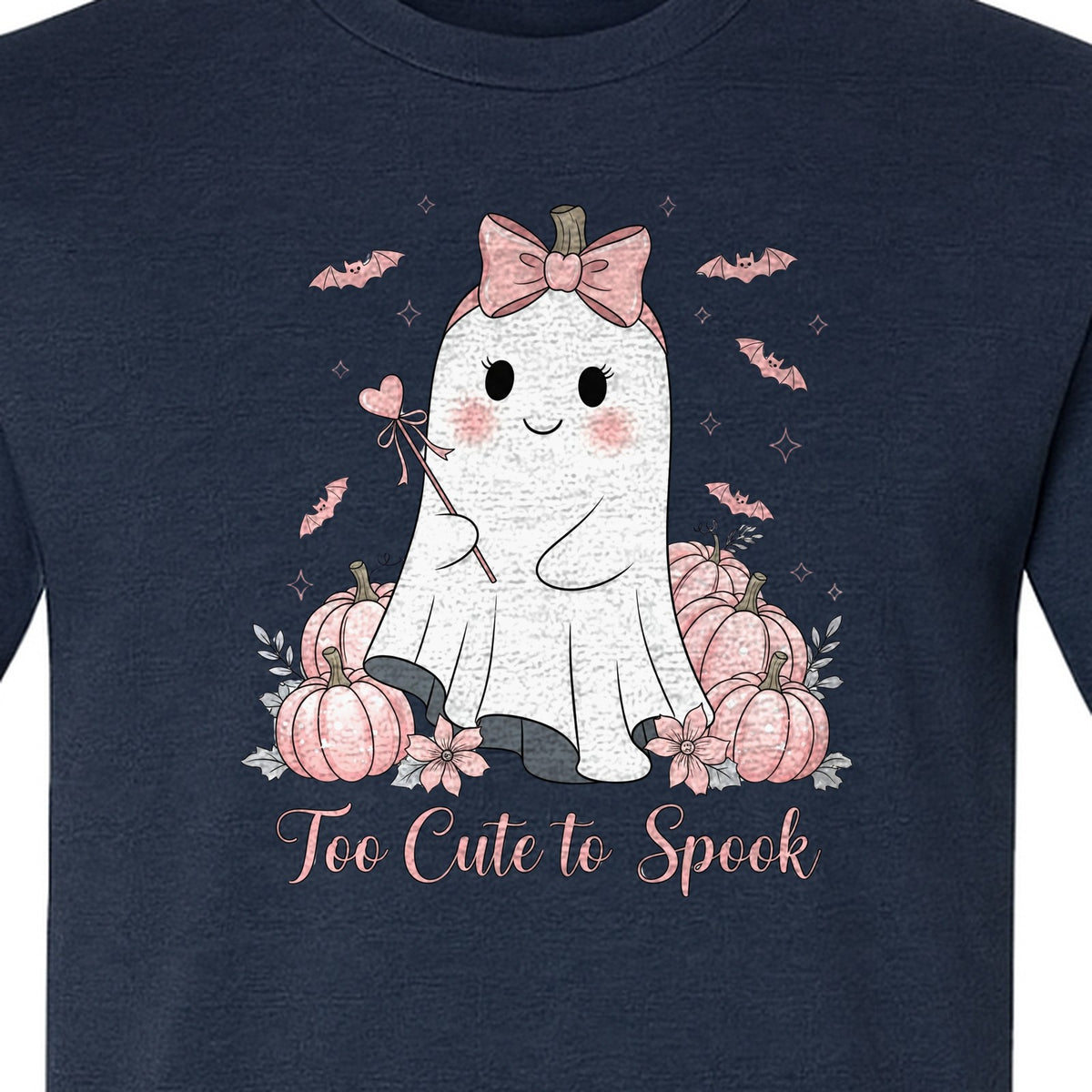 Halloween Ghost T-Shirt, Too Cute to Spook Pink Bow Pumpkin Design for Spooky Season
