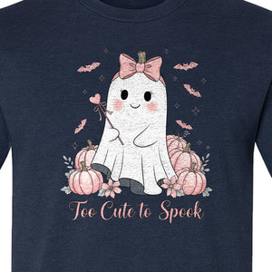 Halloween Ghost T-Shirt, Too Cute to Spook Pink Bow Pumpkin Design for Spooky Season
