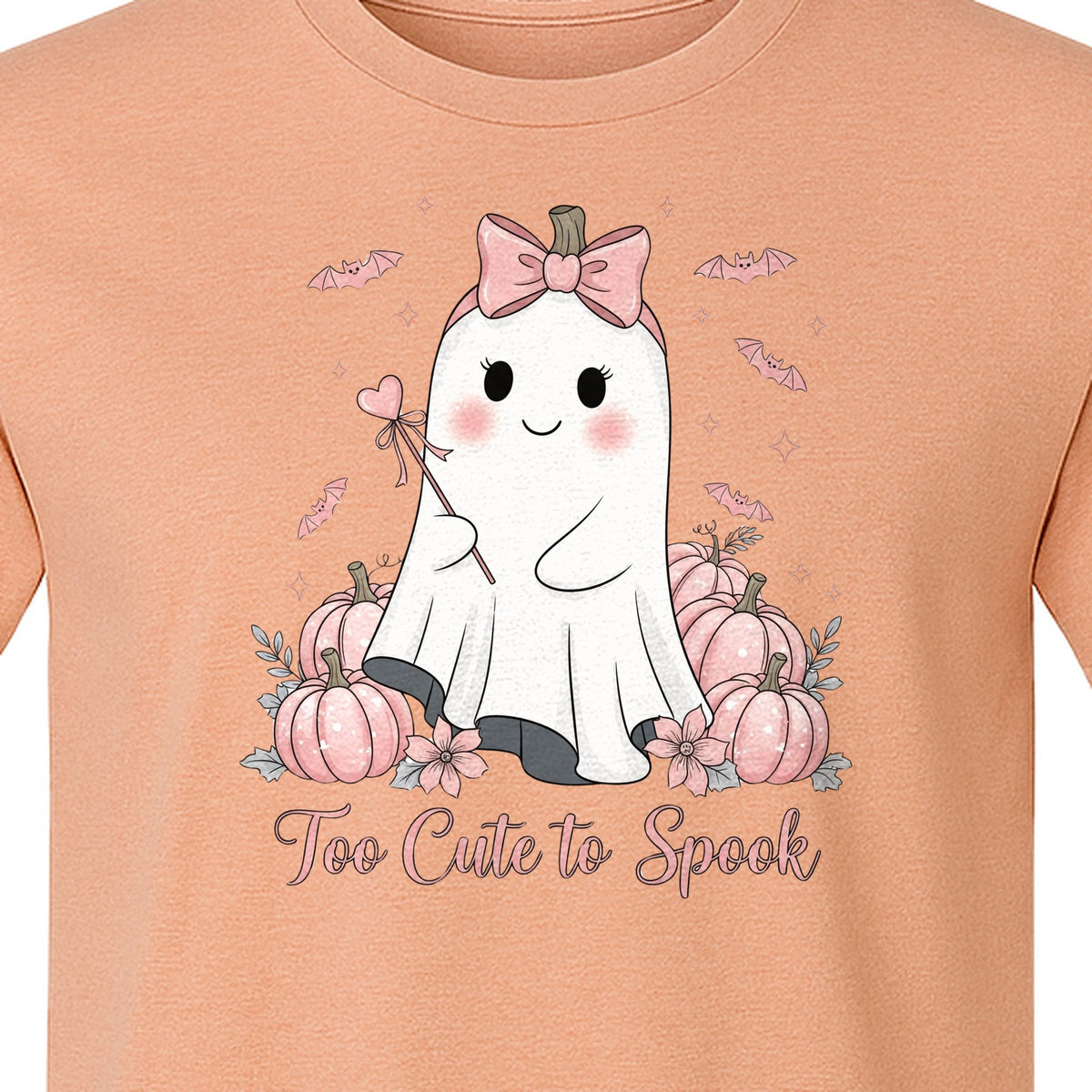 Halloween Ghost T-Shirt, Too Cute to Spook Pink Bow Pumpkin Design for Spooky Season