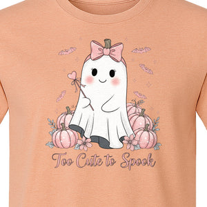 Halloween Ghost T-Shirt, Too Cute to Spook Pink Bow Pumpkin Design for Spooky Season