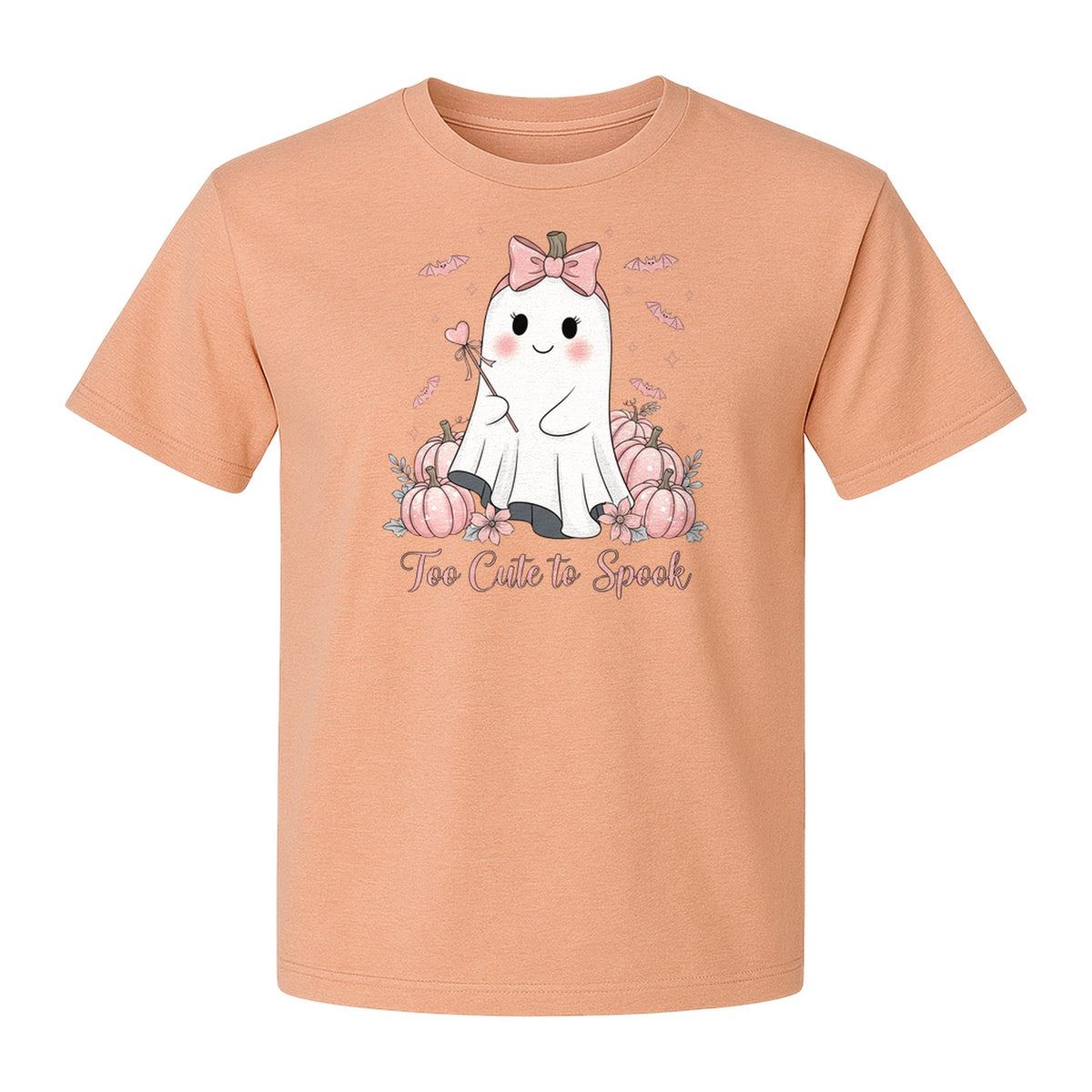 Halloween Ghost T-Shirt, Too Cute to Spook Pink Bow Pumpkin Design for Spooky Season
