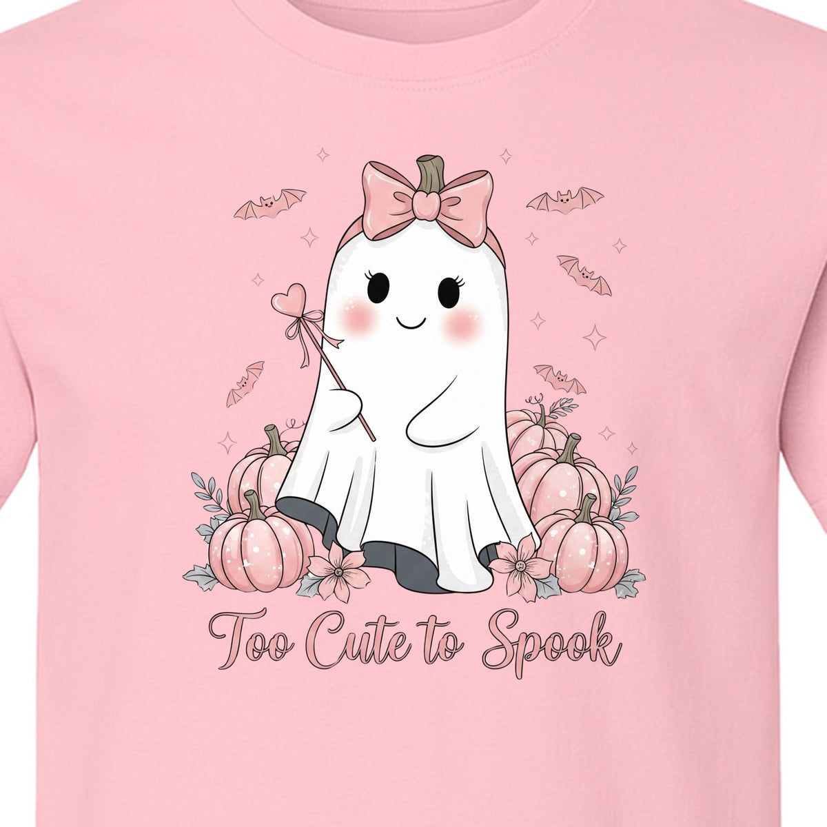 Halloween Ghost T-Shirt, Too Cute to Spook Pink Bow Pumpkin Design for Spooky Season