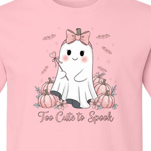 Halloween Ghost T-Shirt, Too Cute to Spook Pink Bow Pumpkin Design for Spooky Season