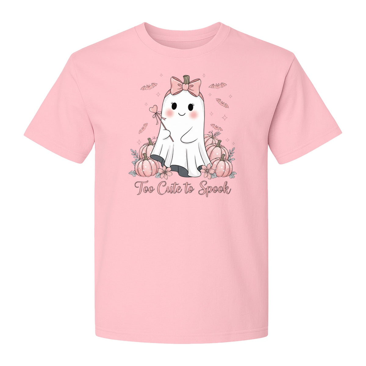 Halloween Ghost T-Shirt, Too Cute to Spook Pink Bow Pumpkin Design for Spooky Season