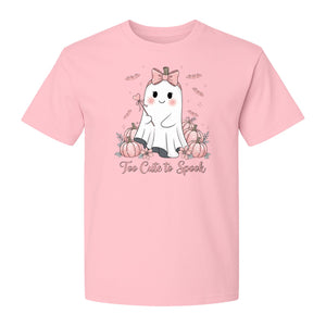 Halloween Ghost T-Shirt, Too Cute to Spook Pink Bow Pumpkin Design for Spooky Season