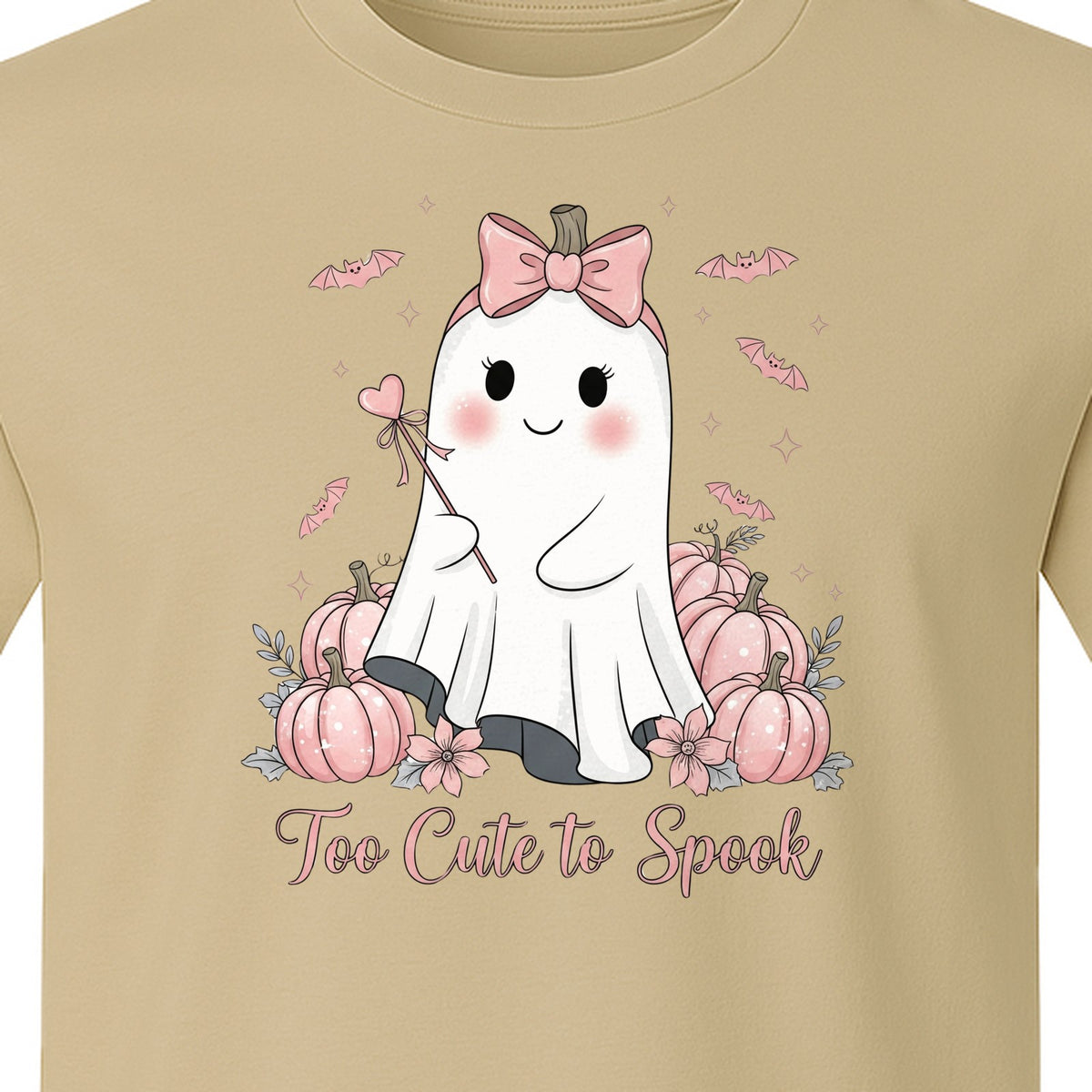 Halloween Ghost T-Shirt, Too Cute to Spook Pink Bow Pumpkin Design for Spooky Season