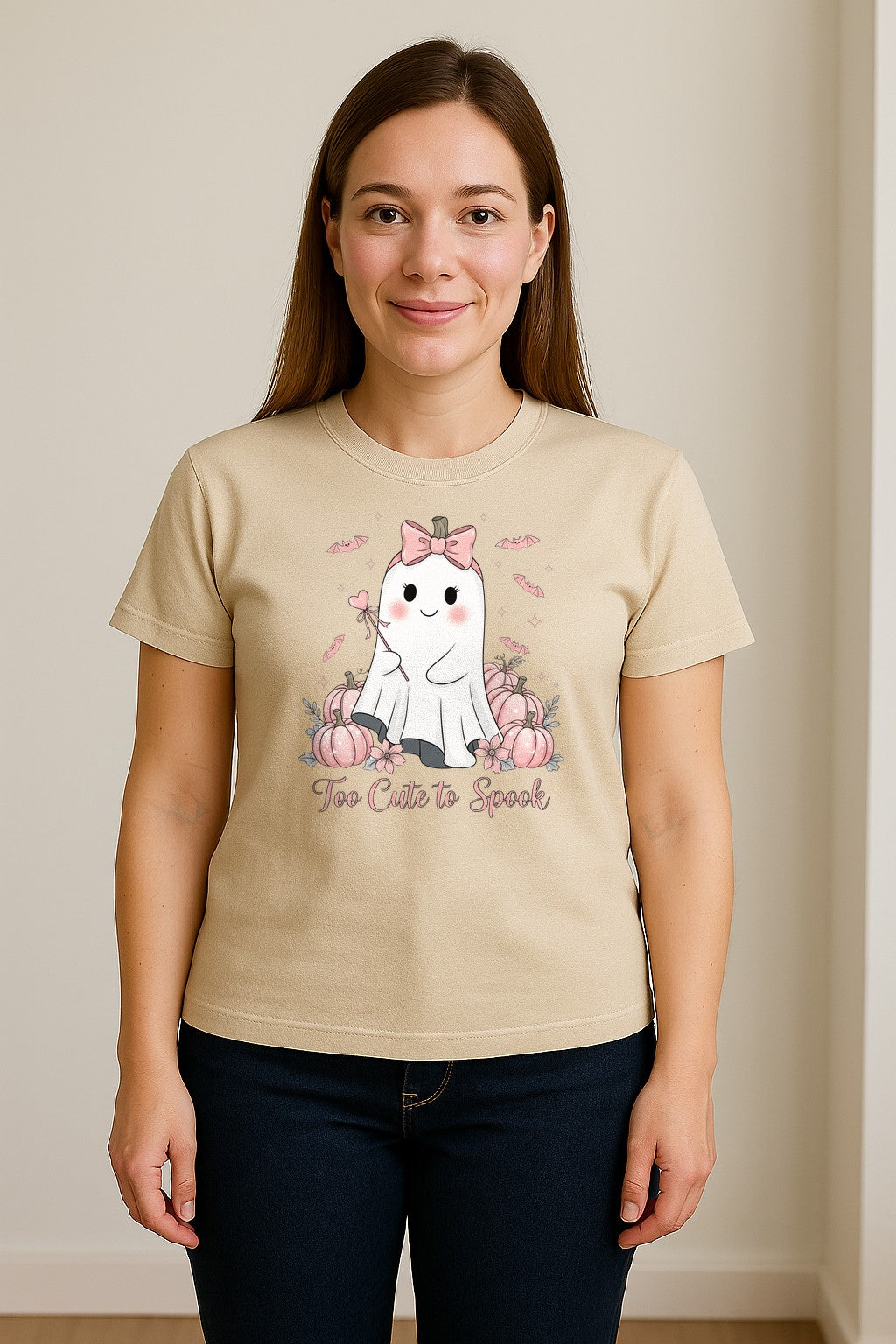 Halloween Ghost T-Shirt, Too Cute to Spook Pink Bow Pumpkin Design for Spooky Season