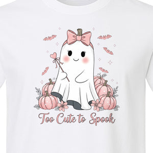 Halloween Ghost T-Shirt, Too Cute to Spook Pink Bow Pumpkin Design for Spooky Season