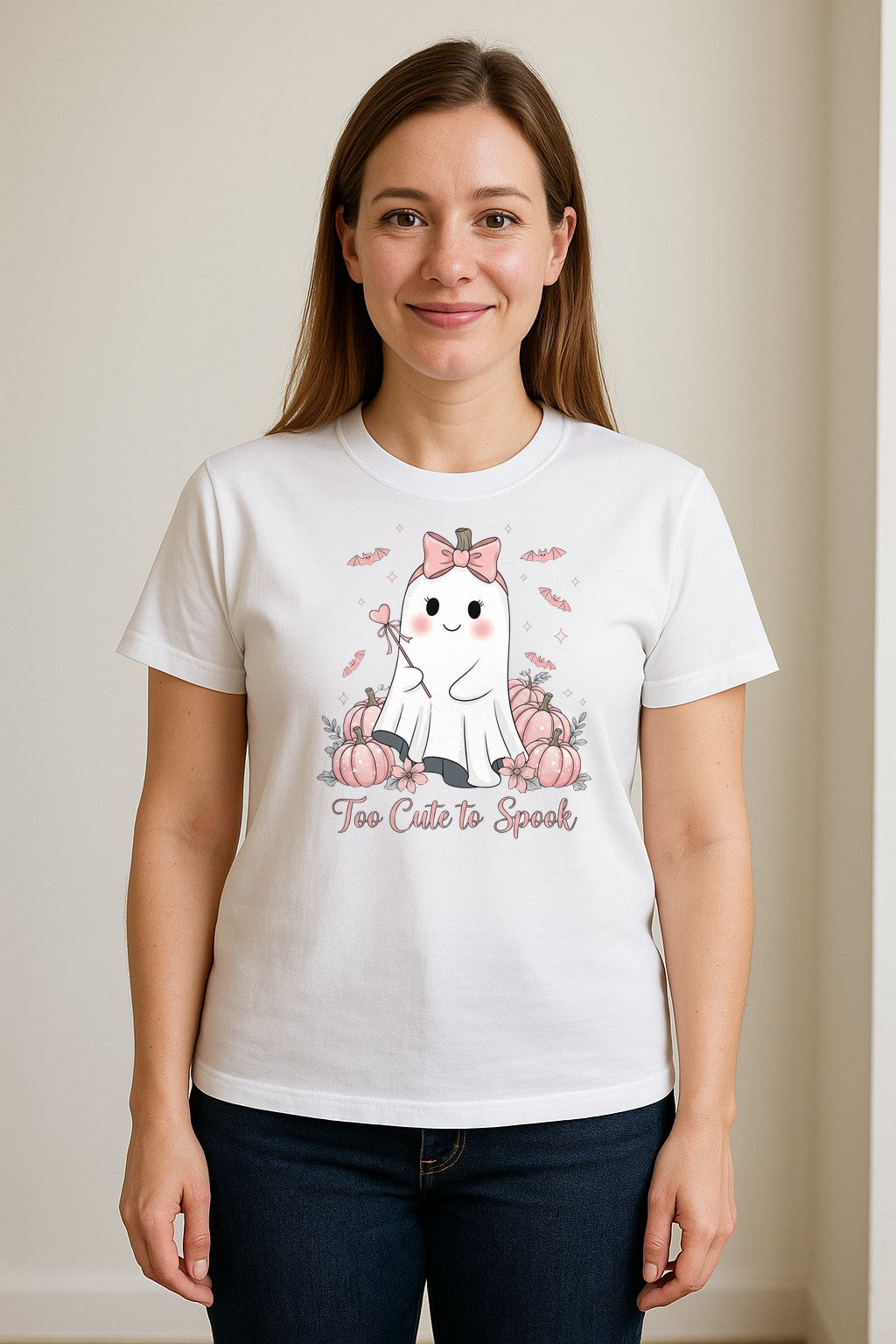 Halloween Ghost T-Shirt, Too Cute to Spook Pink Bow Pumpkin Design for Spooky Season